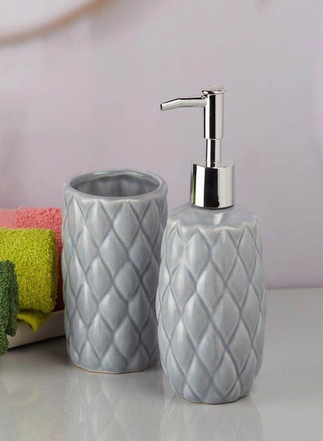 Kookee Ceramic Bathroom Set - Stylish 2 Piece Bath Accessories Kit with Soap Dispenser, Toothbrush Holder - Modern & Designer Decor for Home & Guest Bathrooms, Grey (9604) - Image 2